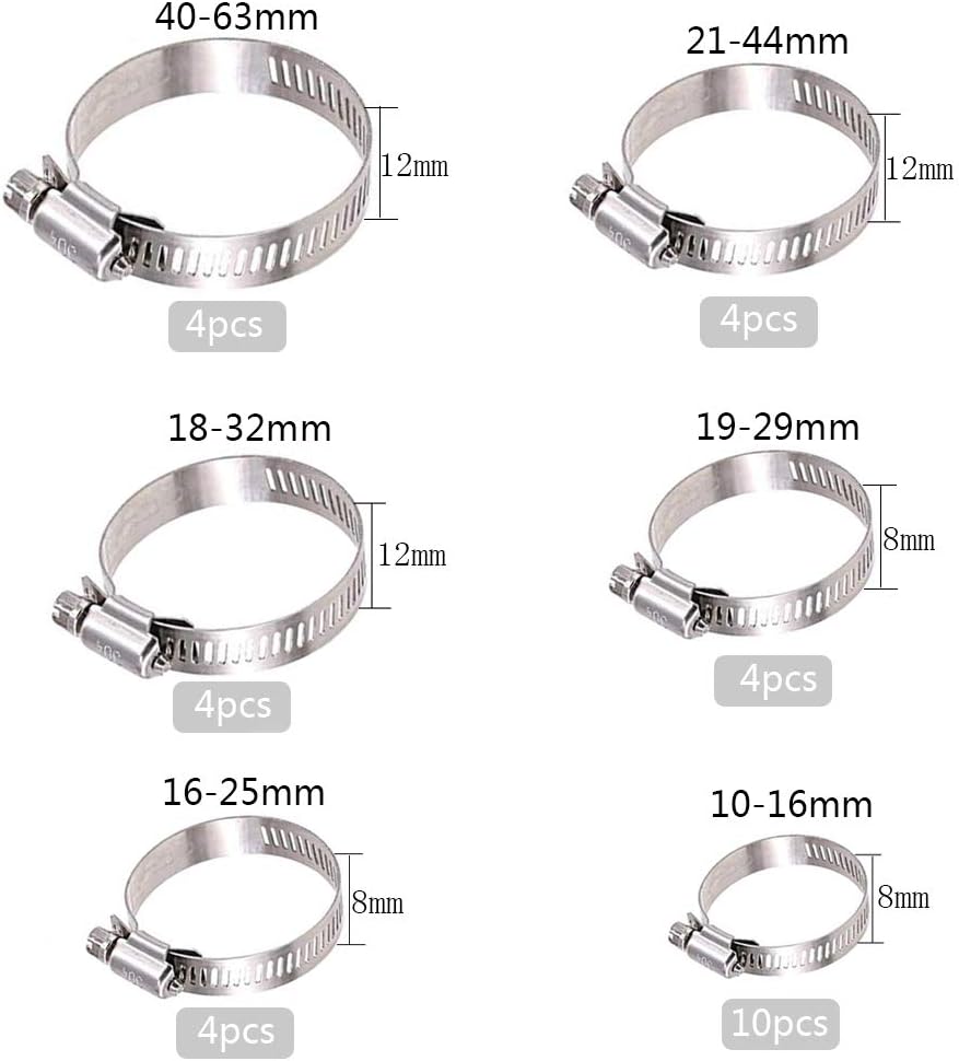 30 Pcs Hose Clips 304 Stainless Steel 6 Sized Hose Clamp Assorted 10-63mm Range Worm Drive Pipes Hose Clamps Clips - Image 3