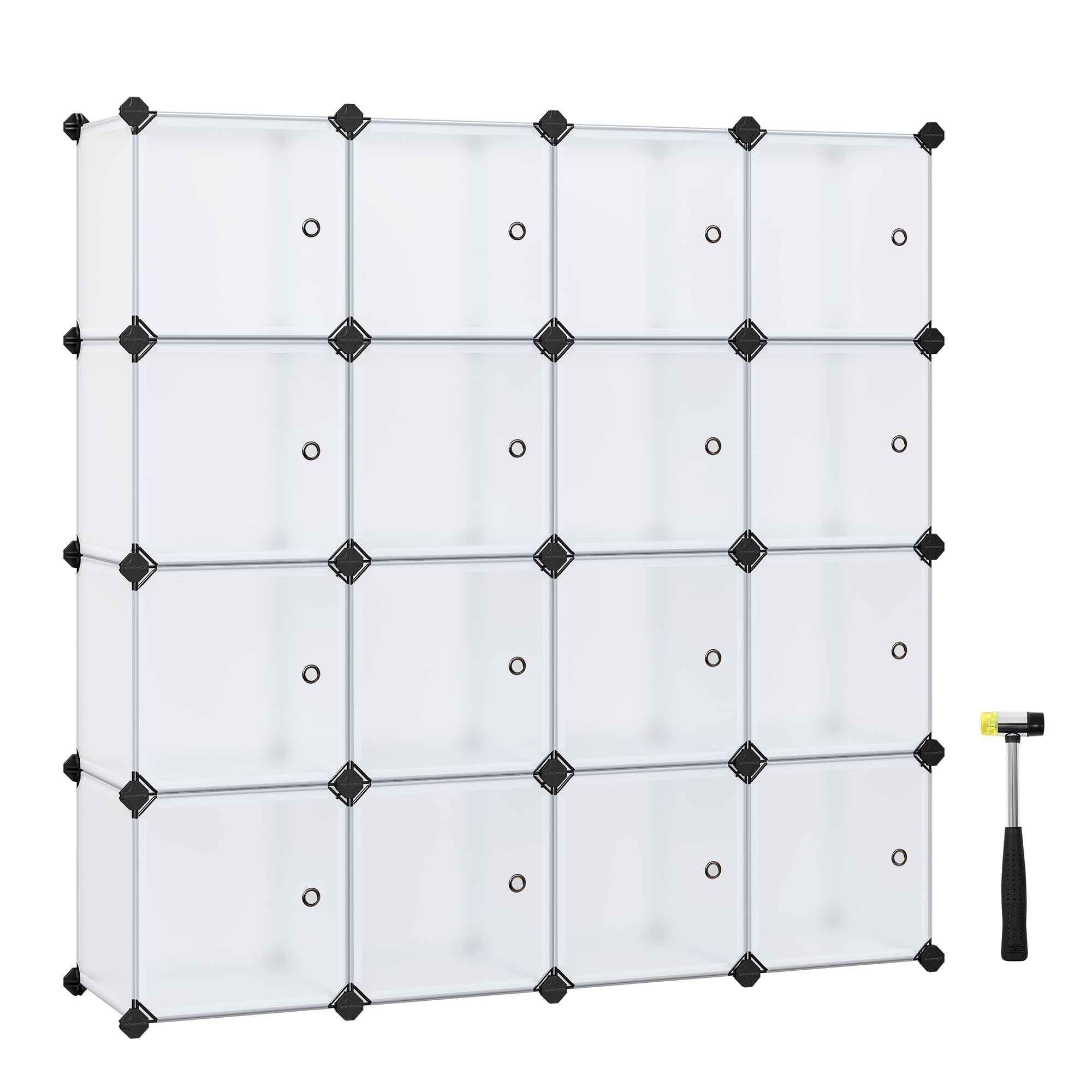 SONGMICS 16-Cube Storage Unit, Shoe Rack, Stackable Cubes, Plastic Closet Cabinet, Wardrobe, with Doors, for Bedroom, Office, Easy to Assemble, White LPC44BS