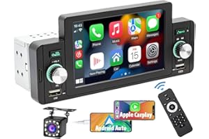EFFLEMOUR 5 Inch Single Din Car Stereo Built-in Apple CarPlay/Android Auto/Mirror-Link, Touchscreen Radio Receiver with Bluetooth 5.1 Handsfree and 12LED HD Backup Camera, FM USB Audio Video Player