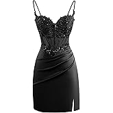 INEWER Lace Appliques Homecoming Dresses 2026 Short for Teens Corset Pleated Satin Bodycon Cocktail Party Gown with Slit