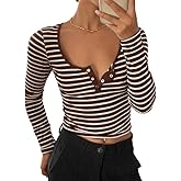 Naileksi Women Striped Print Henley Long Sleeve Crop Top Basic Scoop Neck Button Up Slim Fit Causal Crop Tee Shirt Fall