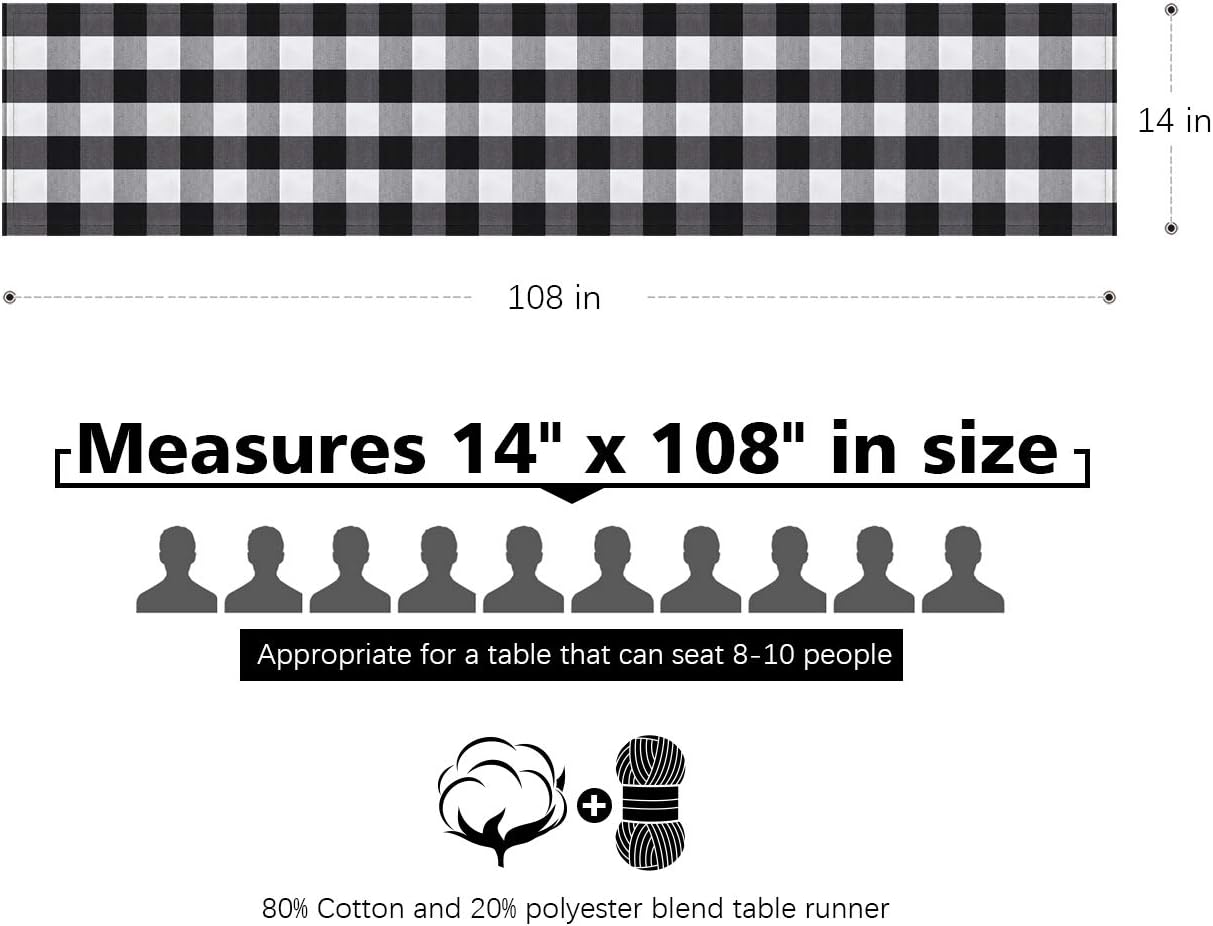 Syntus 14 x 108 inch Buffalo Check Table Runner Cotton-Polyester Blend Handmade Black and White Plaid for Family Dinner, Outdoor or Indoor Parties, Thanksgiving, Christmas & Gathering: Home & Kitchen