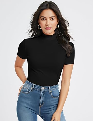 women's short sleeve mock turtleneck tops