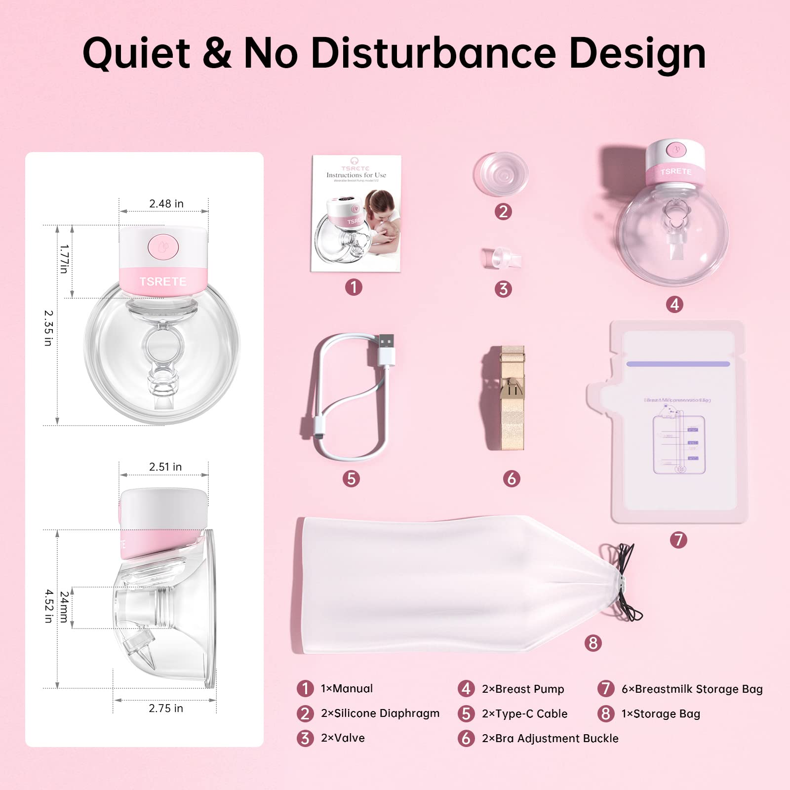 TSRETE Double Wearable Breast Pump, Electric Hands-Free Breast Pumps with 2 Modes, 9 Levels, LCD Display, Memory Function Rechargeable Milk Extractor-24mm Flange, Pink