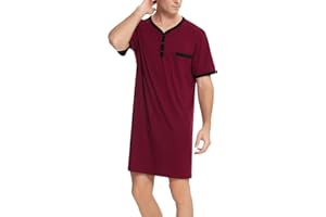 Yukiuiny Men Short Sleeve Nightshirt Knee Length Nightgown Cotton Sleep Shirt Lounge Wear