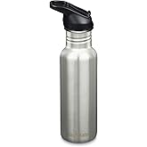 Klean Kanteen 18 oz Classic Water Bottle with Flip Seal Sport Cap & Straw - 100% Leakproof Spout & Cap - Durable, BPA-Free & Stainless Steel Material - Easy-Sip Water Bottle - Brushed