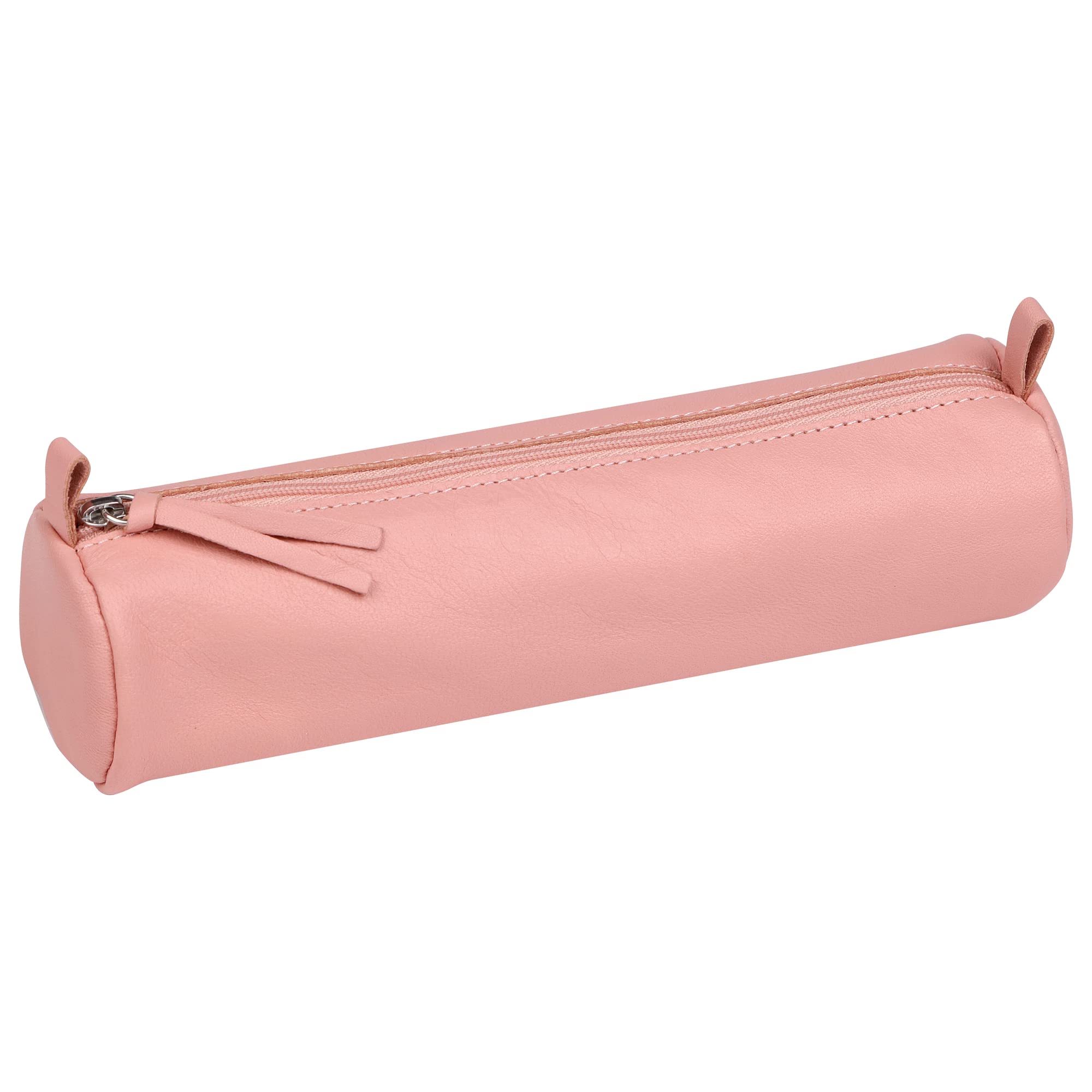 Clairefontaine - Ref 410150C - Coloured Leather Round Pencil Case - 22cm x 5.5cm, Made From Genuine Lambskin Leather, Metal Zip With Leather Puller - Coral Pink