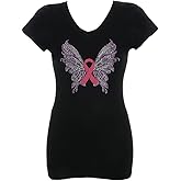 Women's Pink Ribbon with Butterfly Wings Rhinestone Bling V-Neck T-Shirt