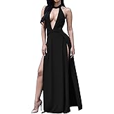 Velius Women Sexy Hollow Out Halter Wrap Sleeveless Plain Pleated Slit Casual Long Maxi Dress