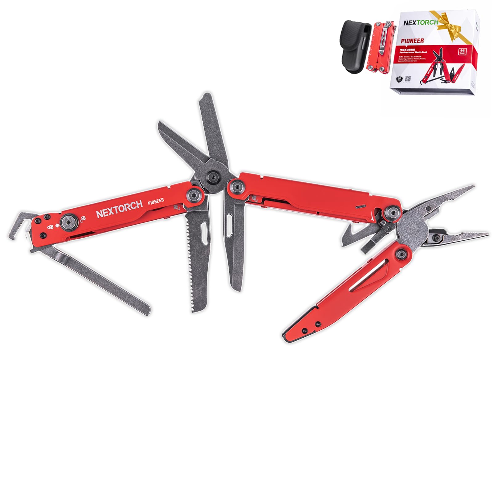 NEXTORCH Multi Tool Foldable Plier 14 in 1 Functions, Multitool 60mm with Scissors, Rope Cutter, Can Opener, Screwdriver, for Outdoor, Camping multitools, with Nylon Pouch MT20 (Red)