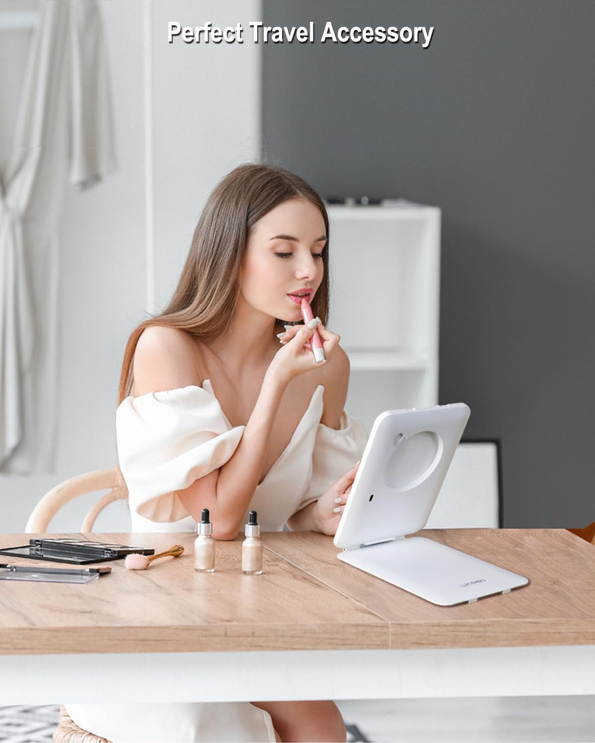 LUKYMIRO Rechargeable Travel Makeup Mirror with Lights, Portable Lighted Vanity 10X Magnification, 70 LEDs 3 Color Dimmable Touch Screen, Tabletop Folding Compact Cosmetic (White With 2000mah Battery)