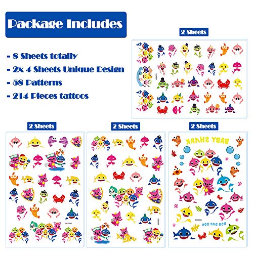 214 Pcs Large Baby Shark Temporary Tattoos for Kids (8 Sheets) Baby Shark Party Favors Children Birthday Ocean Sea Party Supplies Decorations | 54 Patterns - Thumbnail 4