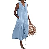 chouyatou Women's Summer Sleeveless Button Down Cotton Tank Dress Loose A-Line Tiered Tunic Beach Dress