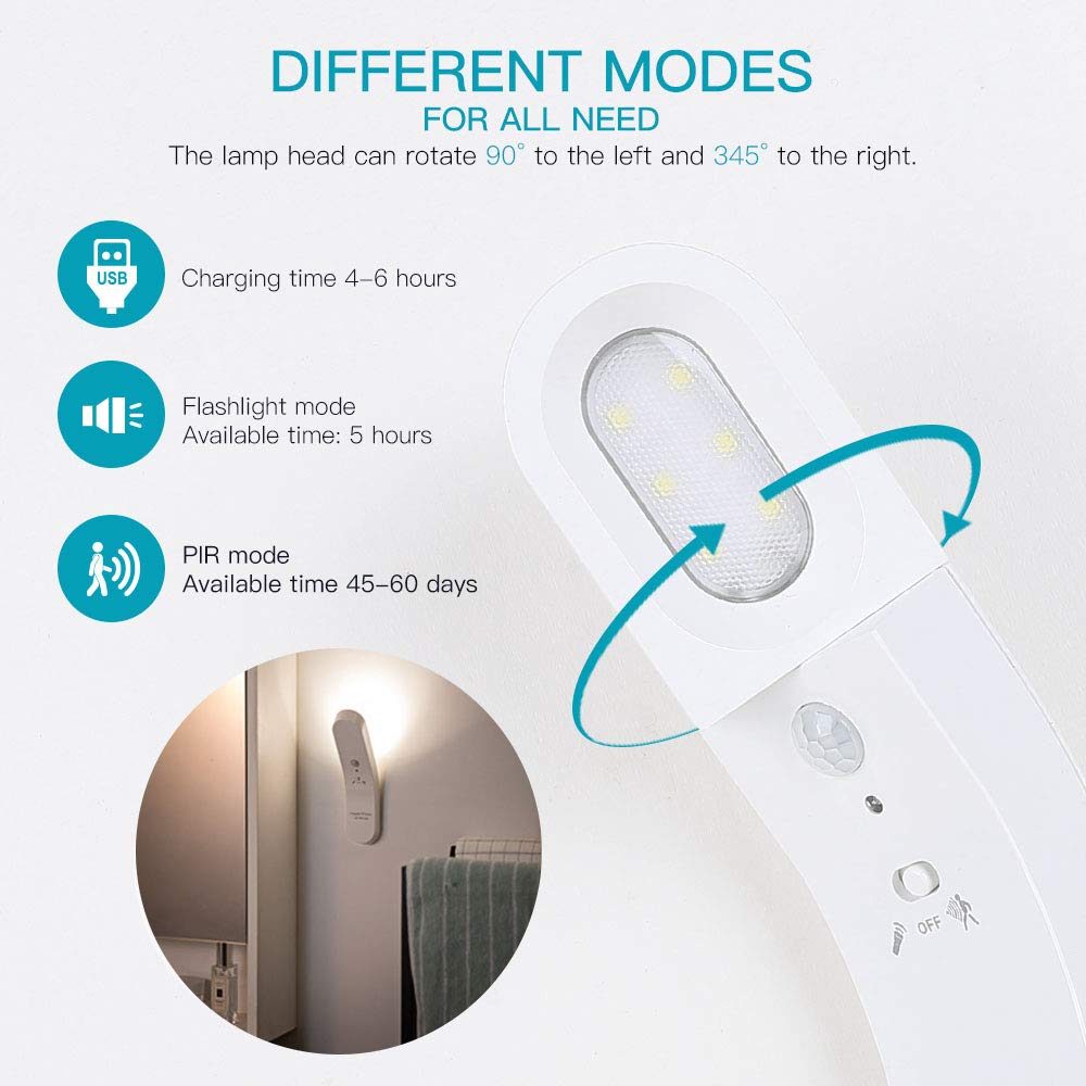 Neporal Under-Cabinet Light Rechargeable with PIR Sensor LED Motion Sensor Light Indoor 1800mAh Night Light with Dusk to Dawn Photocell Sensor for Cupborad Kitchen Stairway Bedroom