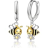Honey Bee Earrings 925 Sterling Silver Daisy Bee Flower Dangle Hoop Earrings Animal Jewelry For Women