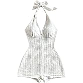GORGLITTER Women's Bow Halter Shorts Bodysuit Backless Sleeveless V Neck Rompers Open Back One Piece Jumpsuit Unitard