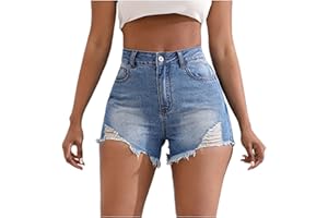 Lainuyoah Blue Jeans Shorts For Women Stretchy Frayed Raw Hem High Waisted Denim Shorts Summer Distressed Ripped Short Jeans