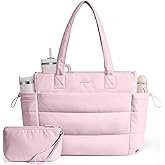 LOVEVOOK Tote Bag for Women with Giant Tumbler Holder Pocket, Puffer Work Travel Laptop Handbag with Zipper for Nurse Teacher