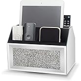SWTHONY 360 Rotating TV Remote Control Holder Storage Caddy for Pad Phone Pen and Pencils, Makeup Brush, Silver Crushed Diamond Desk Organizer for Bedroom Livingroom