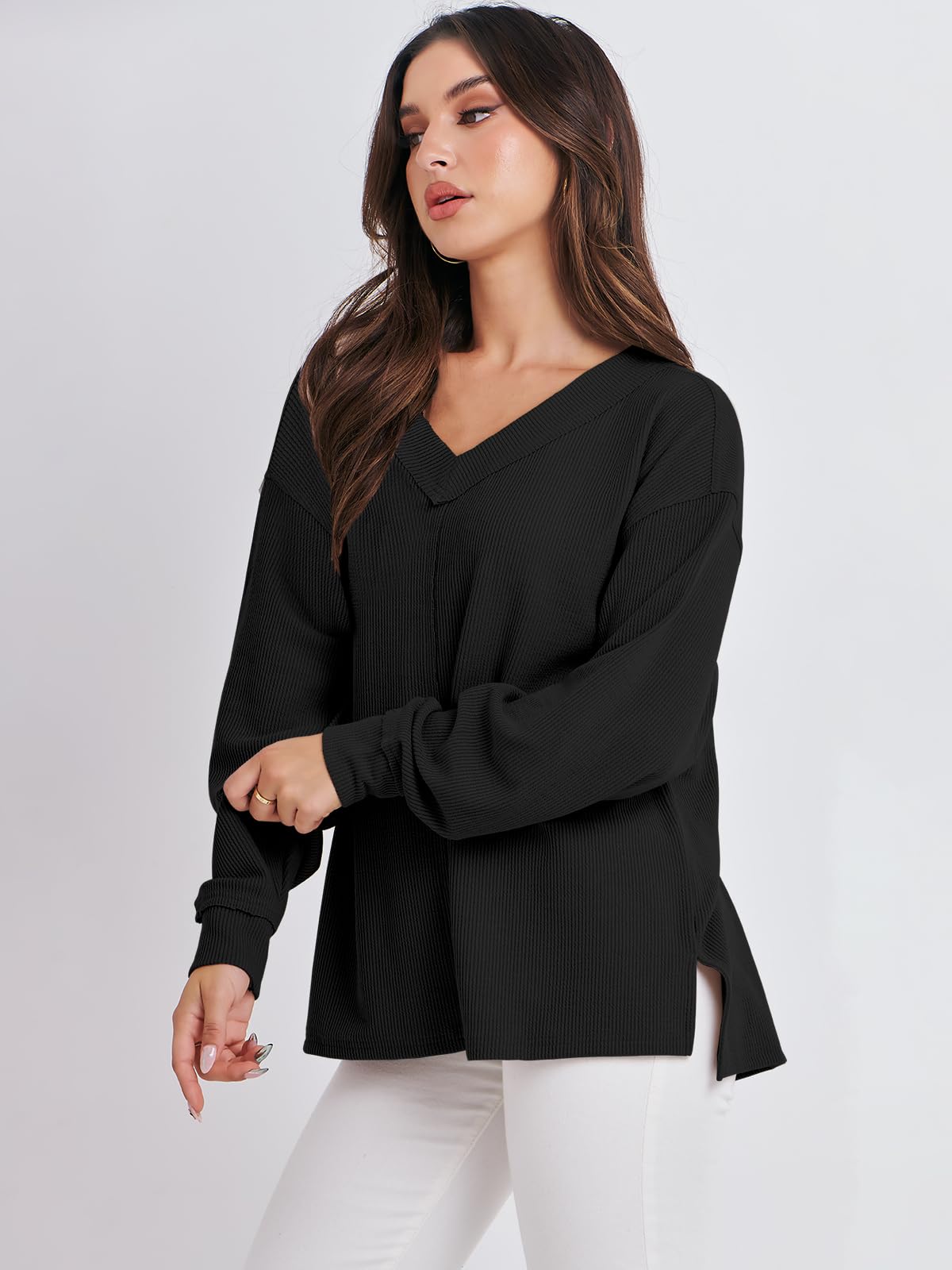 ANRABESS Oversized Long Sleeve Shirts for Women Off the Shoulder Sweatshirt Loose V Neck Tunic Tops High Low Sweater 2024
