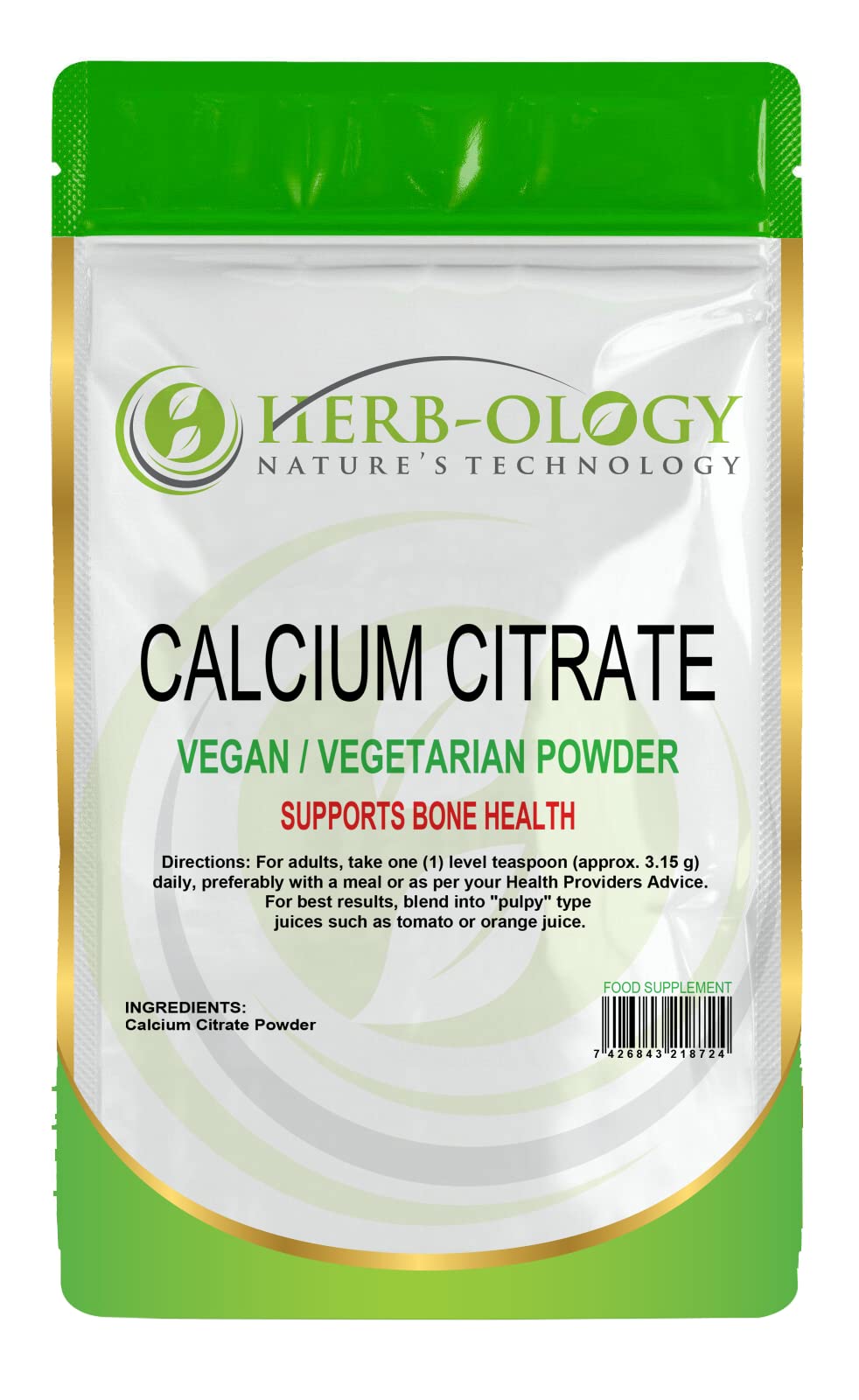 Herb-Ology Calcium Citrate Powder | 100g Calcium Supplement - 630mg Calcium-Citrate per Serving | Non-GMO, Gluten, Dairy & Allergen Free | Manufactured in The UK