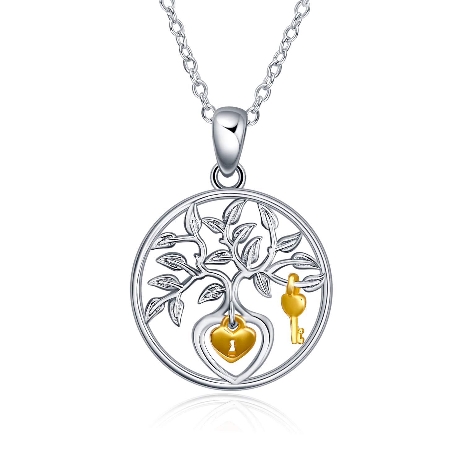 925 Sterling Silver Tree of Life Pendant Necklace Lock Key Jewelry for Women