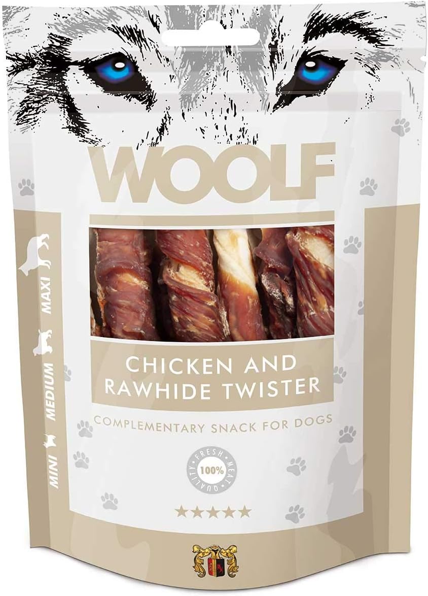 WoolfChicken and Rawhide Twister - Dog Treats with All-Natural Ingredients and High Meat Content, Free from Artificial Additives. Suitable for Dogs (100g) Complimentary Snacks for Dogs.