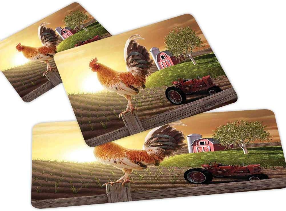 Modern 3D Non-Slip Kitchen Mat Runner Rug Set,3pc Kitchen Rug Set,Farm Barn Yard Image Kitchenware and Home Decor Rooster Early Bird Natural Sunrise,for Entryway Kitchen and Bedroom,Light Brown Red