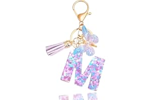 Meefisher Purple-Blue Pink Green Resin Alphabet Initial Letter Keychain Tassel Butterfly Key Ring for Purse Handbag Car Keys