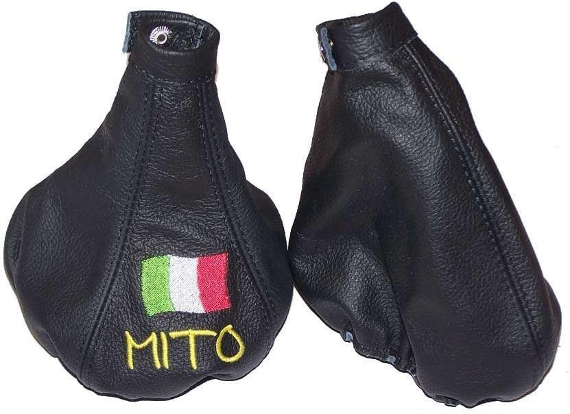 The Tuning-Shop Ltd For Alfa Romeo Mito 2008-2014 Shift & E Brake Boot Black Italian Leather Mito Logo Embroidery