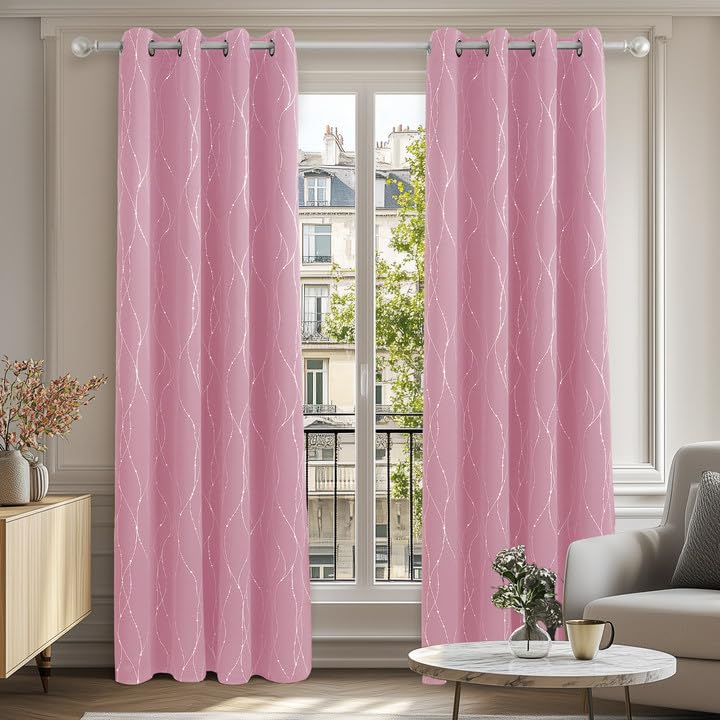 Deconovo Super Soft Wave Line Foil Printed Thermal Insulated Blackout Curtains Grommet Top Curtains for Nursery 52x72 Inch Pink 2 Panels — image 1