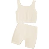 EXARUS Girl's 2 Piece Outfits Workout Set Seamless Ribbed Cropped Tank Tops and Athletic Shorts Dance Summer Kids 6-14Y