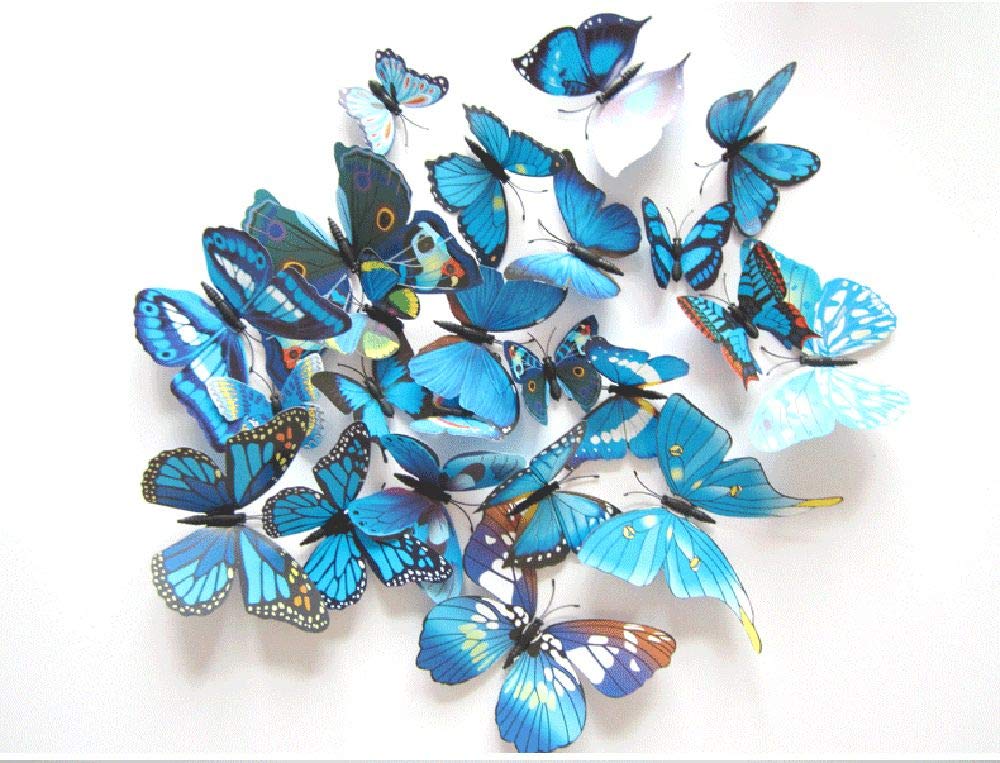 3D Fashion Butterfly Wall Sticker, PVC Simulation Butterfly for Home Decor, Wall Decoration, 24 Pack, Blue
