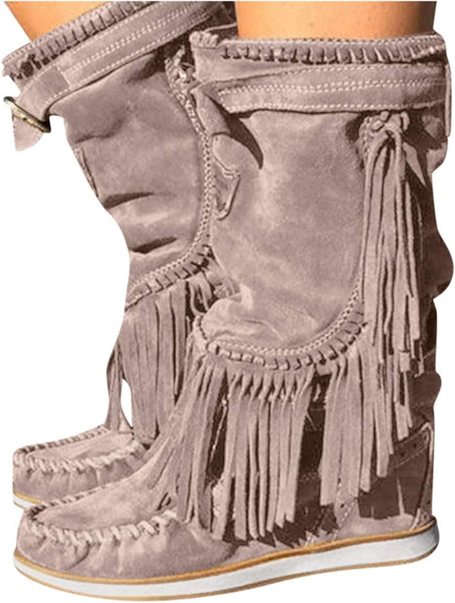 Women's Mid-Calf Shoes Casual Winter Round Toe Rome Retro Fringe Mid-Calf Ankle Boots 2019