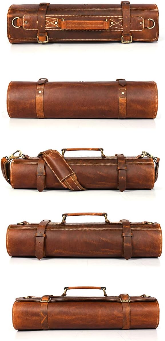 Leather Knife Roll Storage Bag, Elastic and Expandable 10 Pockets, Adjustable/Detachable Shoulder Strap, Travel-Friendly Chef Knife Case (Leather - Light Brown): Kitchen & Dining