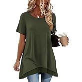 Poetsky Women's Summer Short Sleeve Tunic Tops Casual Loose Blouse Long T Shirts Layered Chiffon Hem with Pockets