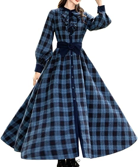 Amazon Youyouok レディース ワンピース 長袖 秋と冬 格子 ロングスカート おしゃれ 緩い カジュアル 大振幅スカート ラシャ オーバー 通勤 ワンピース チュニック 通販