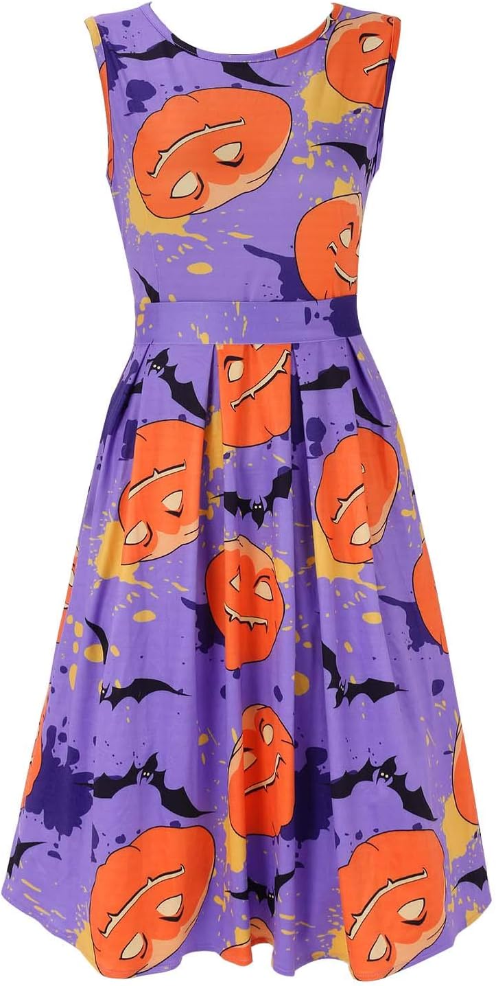 DREAGAL Halloween Sleeveless Floral Printed Flared Swing Dress with Belt