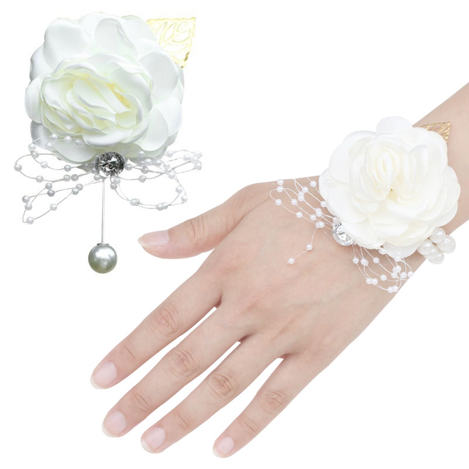 SSKHE 2 PCS Wedding Corsage for Prom, White Corsage, Rose Wrist Corsages for Weddings