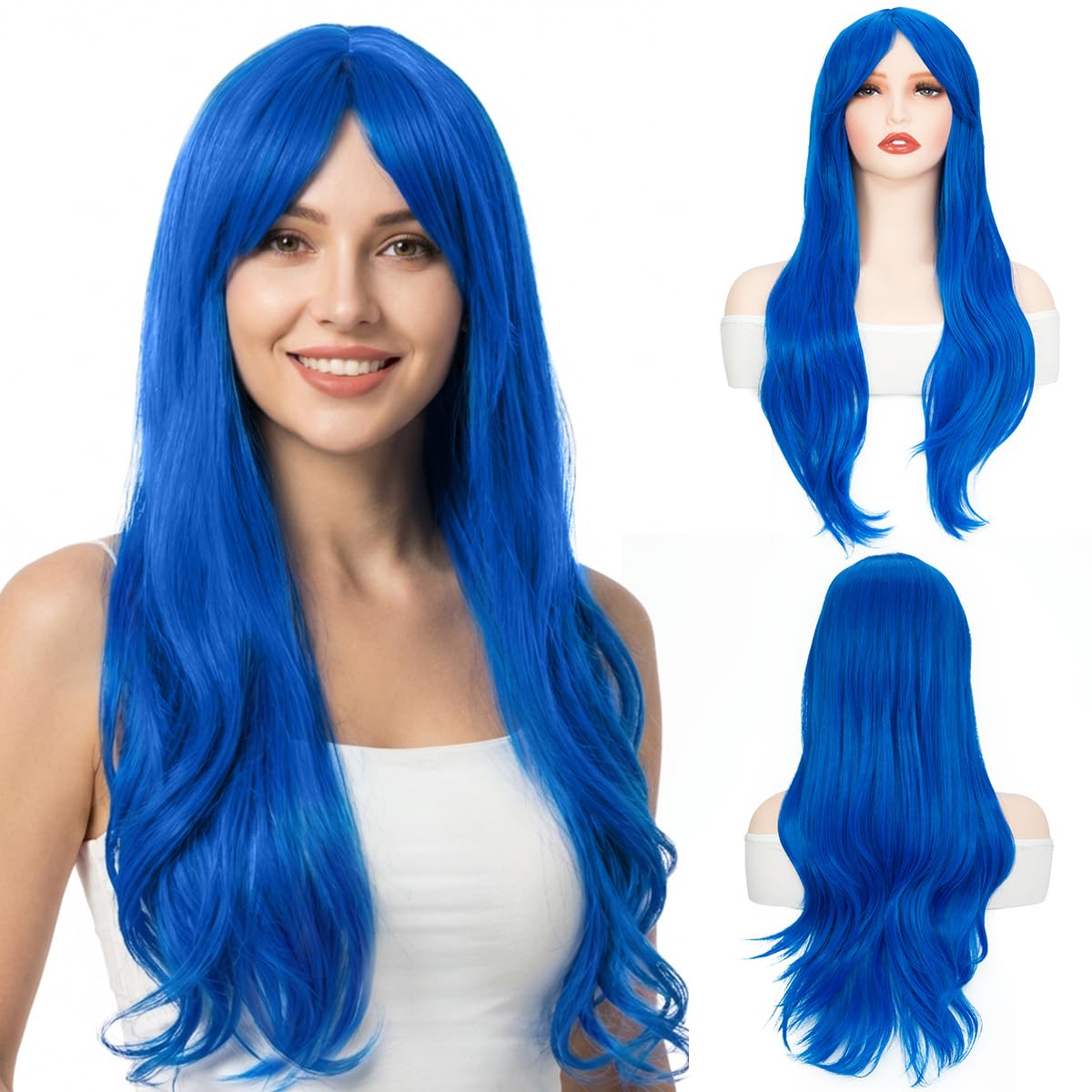 Yamel Blue Wig Long Natural Wavy 28 Inches Glueless Full Party Wig Heat Resistant Synthetic Hair Wigs for Women