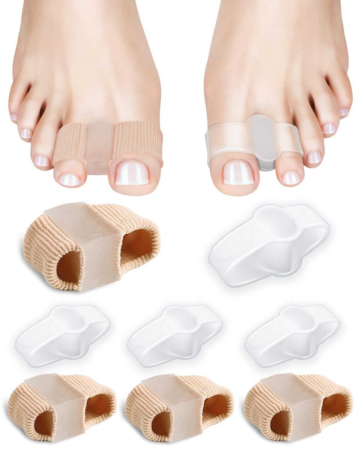 PGRODE Bunion Toe Separators Gel Bunion Corrector Soft Big Toe Spacers for Feet Women Men Toe Correct, Elasticity Hammer Toe Straightener with 2 Loops (4 Nylon+4Gel)
