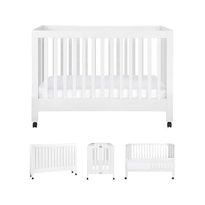 Babyletto Maki Full-Size 2-in-1 Portable Folding Crib with Toddler Bed Conversion Kit in White, Greenguard Gold Certified