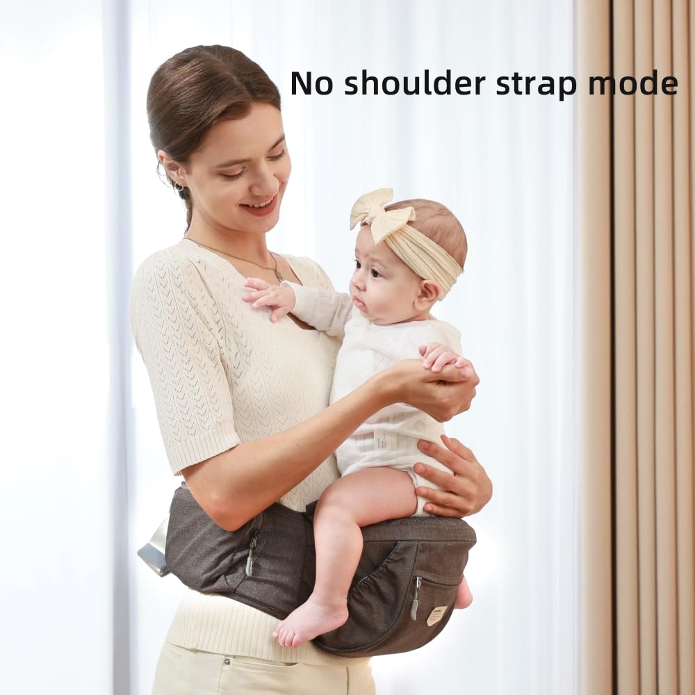 SUNVENO Ergonomic Hip Seat Baby Carrier with Detachable Double Shoulder Straps, Waist & Back Relief, Breathable Mesh, Non-Slip Seat + Storage Pockets, Fits Infants & Toddlers 0-36 M up to 45 lbs