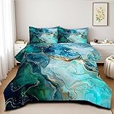 CCoutueChen Turquoise Marble Comforter Set Queen Size Teal Blue Abstract Bedding Set Women Men Modern Aesthetic Comforters 3 Piece Gold Marbling Art Bed Sets Soft Lightweight Microfiber Comforter Sets