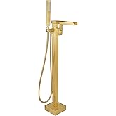 FBUKE Free Standing Tub Faucet Brushed Gold, Floor Mount Freestanding Tub Faucets, Brass Stand Alone Tub Filler, Waterfall High Flow Bathtub Shower Mixer Tap