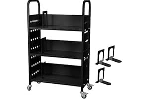 AHLOKI Library Book Cart, 200 LBS Single Sided V-Shaped Rolling Book Cart with 4 Lockable Wheels for Home Shelves Office School Book Truck White（49.2''x29.5''x13.8''）,L-Shaped Black