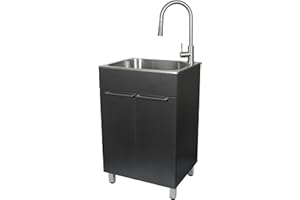 PRESENZA Compact W22 x D18 x H33.8 Stainless Steel Laundry Sink with Faucet & Charcoal Laundry Cabinet – Deep Utility Sink wi