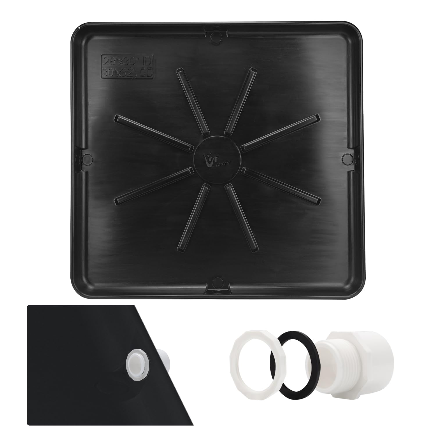 Photo 1 of **DAMAGE SEEN IN PHOTO**Heavy Durable Plastic Washing Machine Drain Pan Size 30X32 Including 1" Drain Fittings (Black)