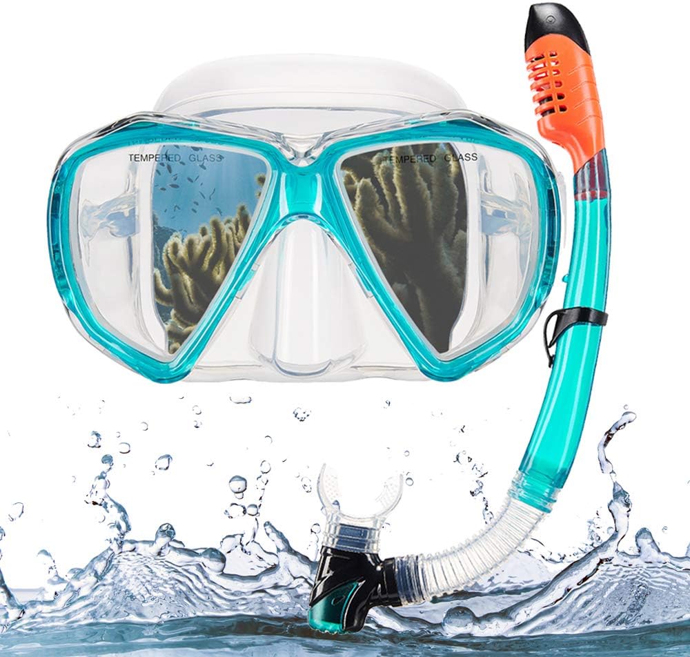 Snowledge Dry Snorkel Set with Tempered Glass Men Women Teenagers Snorkeling Diving Mask
