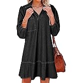CHARTOU Women 3/4 Sleeve Ruffle Denim Dress Summer Collared V Neck Loose Shirt Jean Dress with Pockets